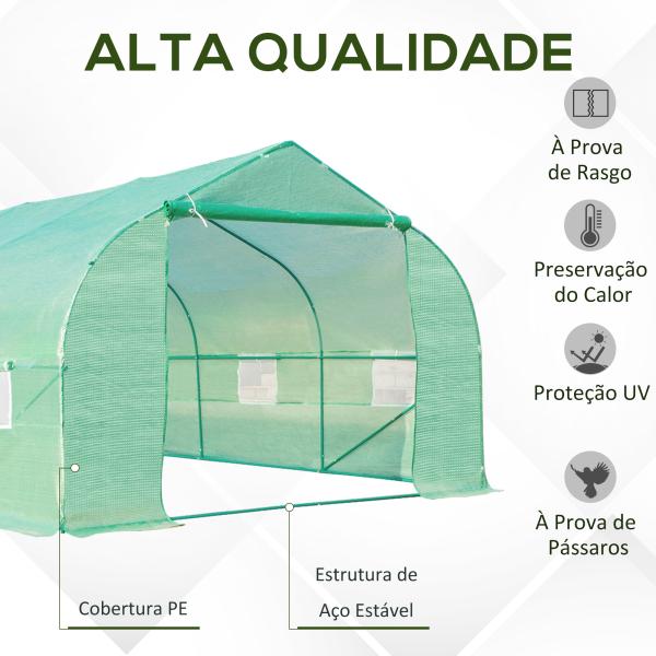 Estufa Tipo Túnel de Jardim 600x300x200cm para Cultivo de Plantas Verduras com 8 Janelas e Porta Enroláveis com Zíper Aço Verde