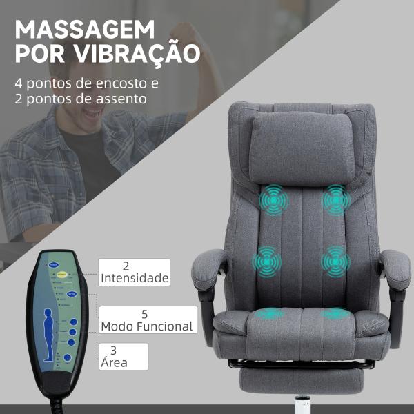 Cadeira de Escritório com 6 Pontos de Massagem com Vibração Reclinável com Altura Ajustável 65x61x101 - 113 cm Cinza