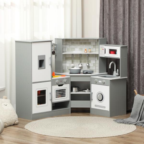 Cozinha de Madeira para Crianças com Sons Forno Lavatório Micro - Ondas Máquina de Gelo e Acessórios 110x80x91 cm Cinza