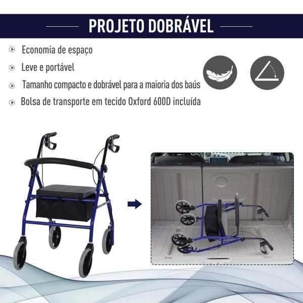 Andador para Adultos Dobrável com Armazenamento Assento e Travão 65x53x79 - 89cm Azul e Preto