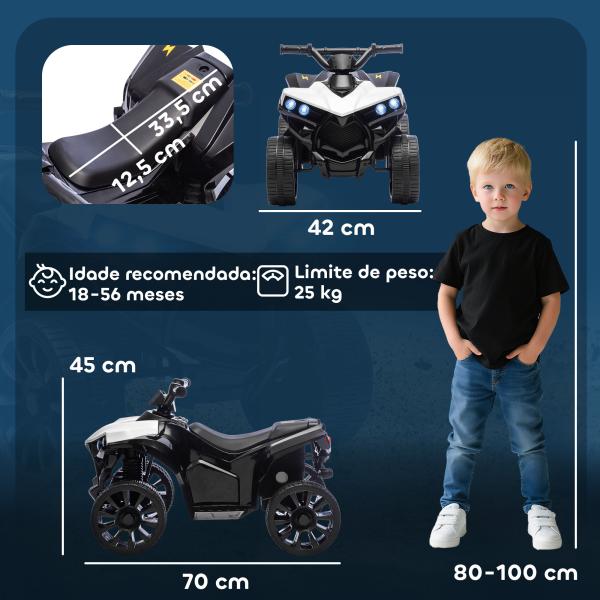 Quad Elétrico Infantil 6V Quad para Crianças dos 37 aos 72 Meses Velocidade até 3 km/h Faróis e Música 70x42x45 cm Branco