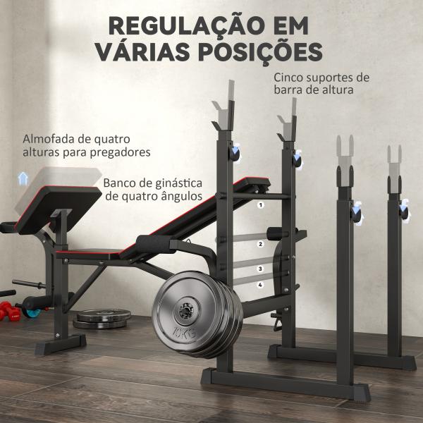 Banco de Musculação Dobrável Banco Multifunções com Suportes para Barras e Encosto Ajustável para Treino Completo de Corpo Preto
