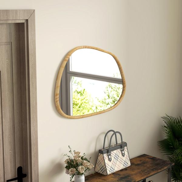 Espelho de Parede Decorativo 70x50 cm com Forma Irregular e Moldura de Madeira para Sala Entrada Horizontal ou Vertical Natural