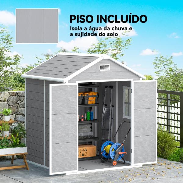 Abrigo de Jardim em Resina 182x151x219 cm com Piso Janela Ventilação Portas Duplas Cinzento