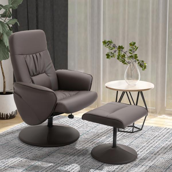 Poltrona Relax com Apoio para os Pés Estofada em PU Poltrona Relax Reclinável até 145° e Giratório 360° com Encosto Ajustável para Sala de Estar Dormitório Escritório 81x81x105cm Marrom