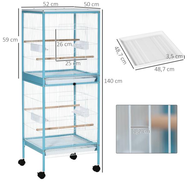 Gaiola para Pássaros com Rodas de 2 Níveis com Bandejas Removíveis Portas Comedouros Poleiros 51,5x50x140 cm Azul