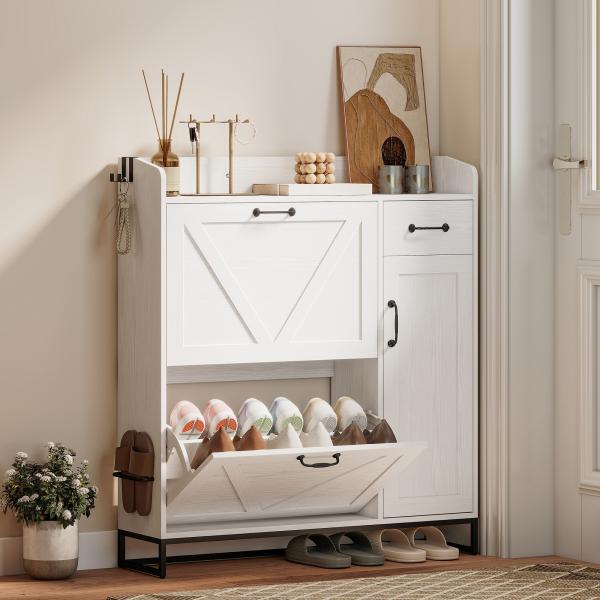 Sapateira Estreito com 2 Compartimentos Rebatíveis Prateleiras Ajustáveis para 12 Pares para Espaços Pequenos 106,7x26x116cm Branco