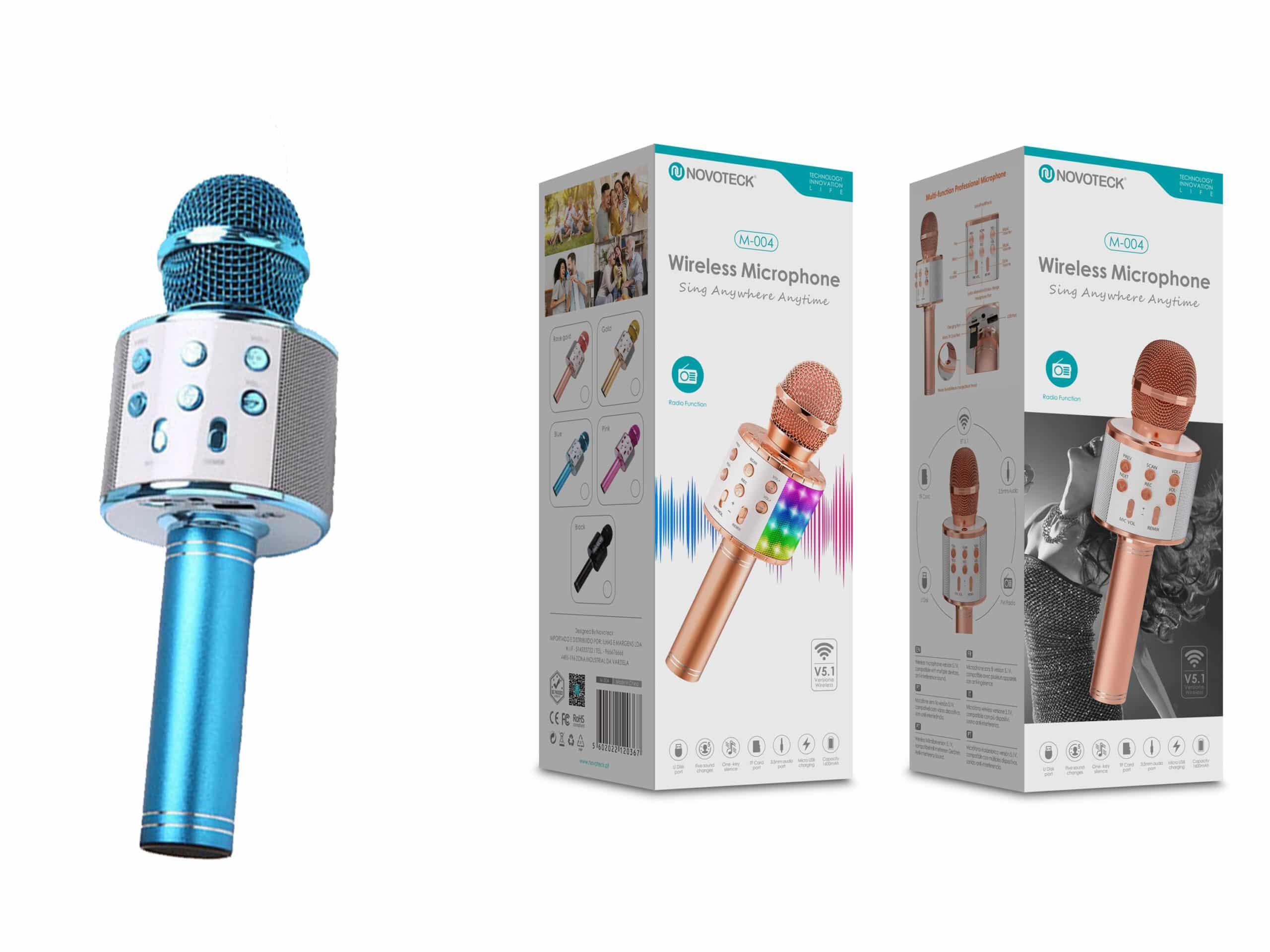 Microfone Bluetooth Sem Fios Azul M - 004 com Alto - Falante Integrado e Luz LED – Karaokê Portátil