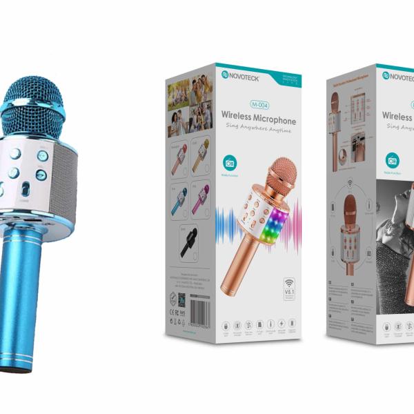 Microfone Bluetooth Sem Fios Azul M - 004 com Alto - Falante Integrado e Luz LED – Karaokê Portátil