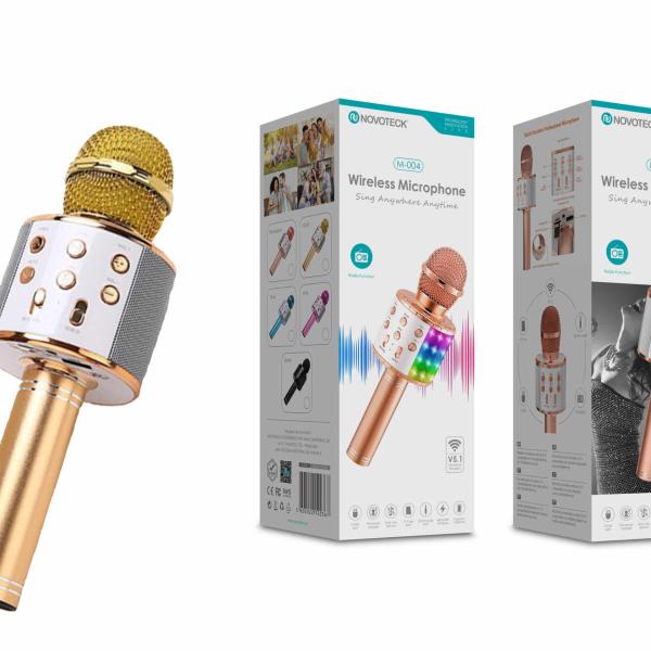 Microfone Bluetooth Sem Fios Dourado M - 004 com Alto - Falante Integrado e Luz LED – Karaokê Portátil