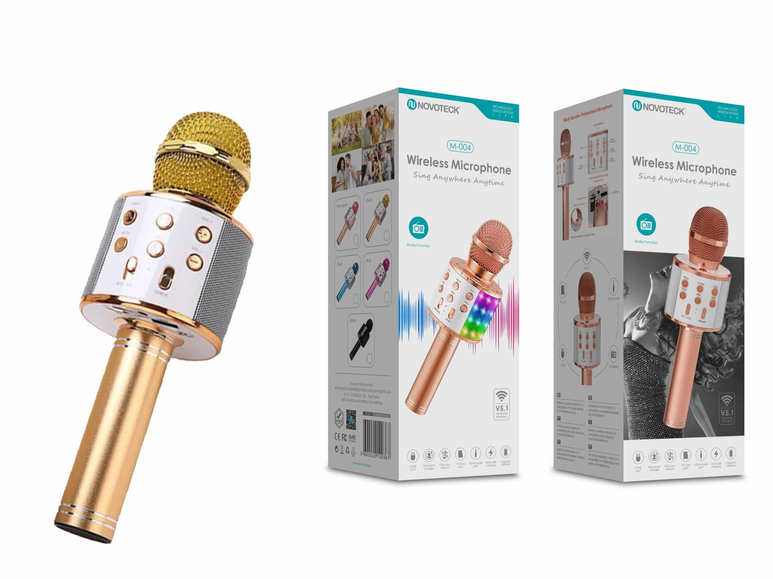 Microfone Bluetooth Sem Fios Dourado M - 004 com Alto - Falante Integrado e Luz LED – Karaokê Portátil