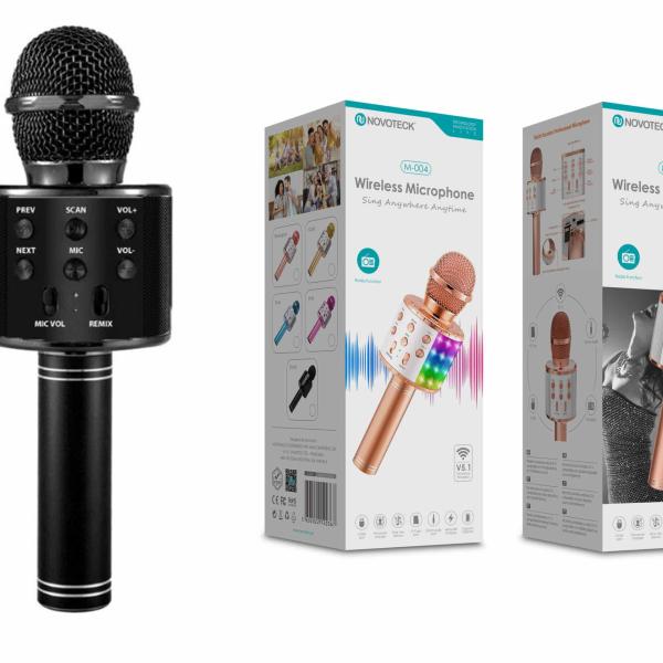 Microfone Bluetooth Sem Fios Negro M - 004 com Alto - Falante Integrado e Luz LED – Karaokê Portátil