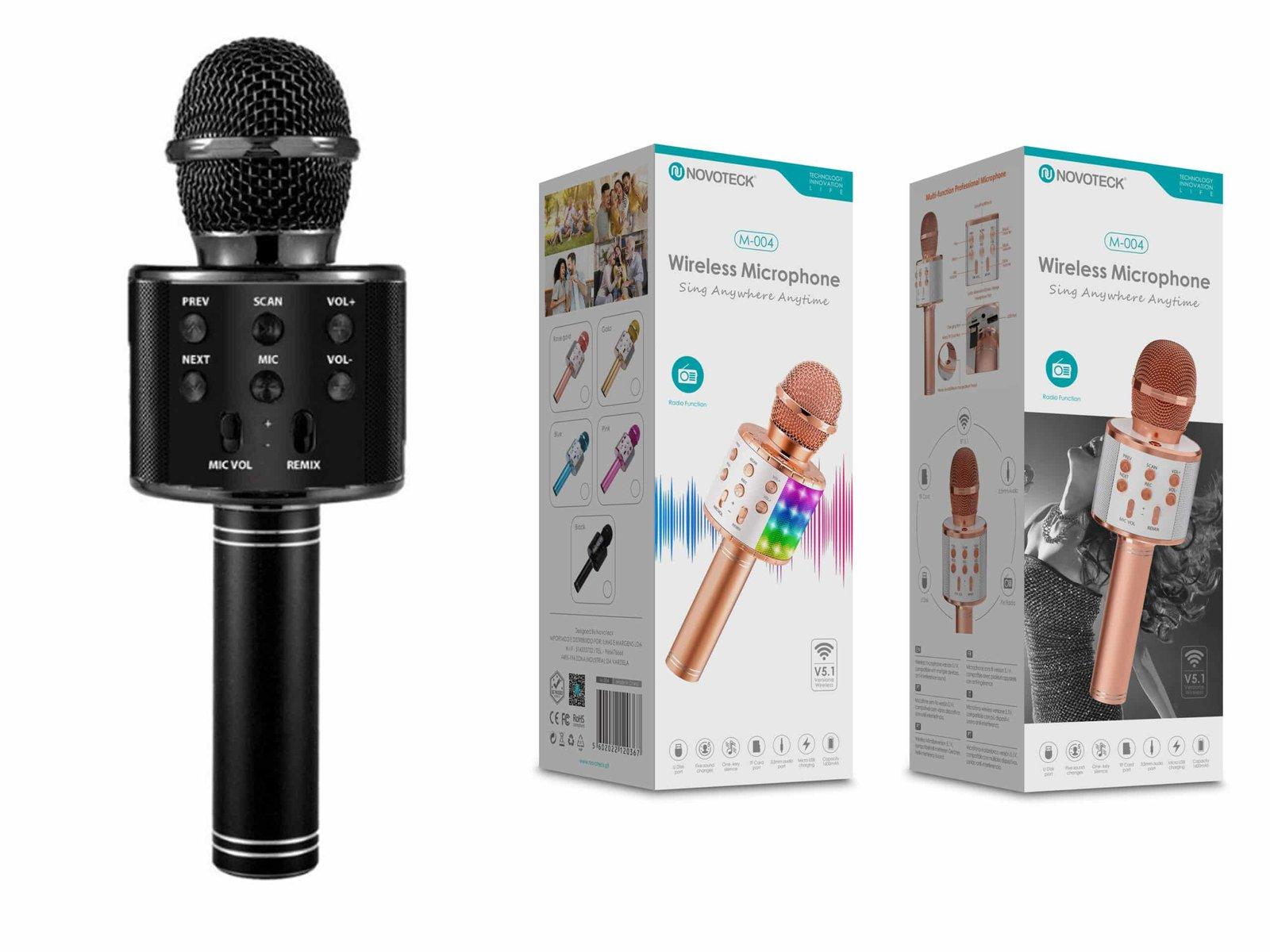 Microfone Bluetooth Sem Fios Negro M-004 com Alto-Falante Integrado e Luz LED – Karaokê Portátil