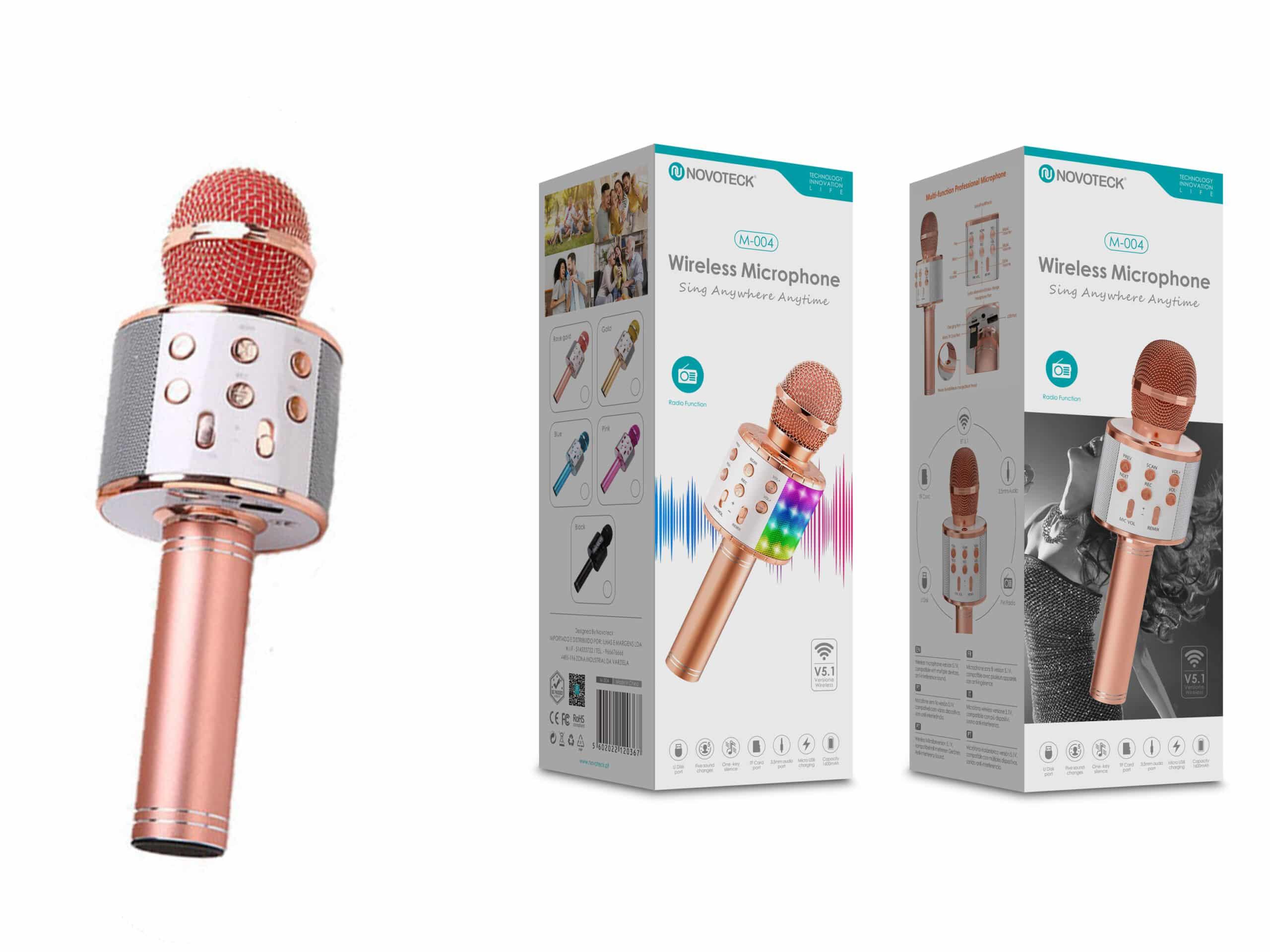 Microfone Bluetooth Sem Fios Rosa Gold M - 004 com Alto - Falante Integrado e Luz LED – Karaokê Portátil