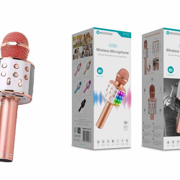 Microfone Bluetooth Sem Fios Rosa Gold M - 004 com Alto - Falante Integrado e Luz LED – Karaokê Portátil