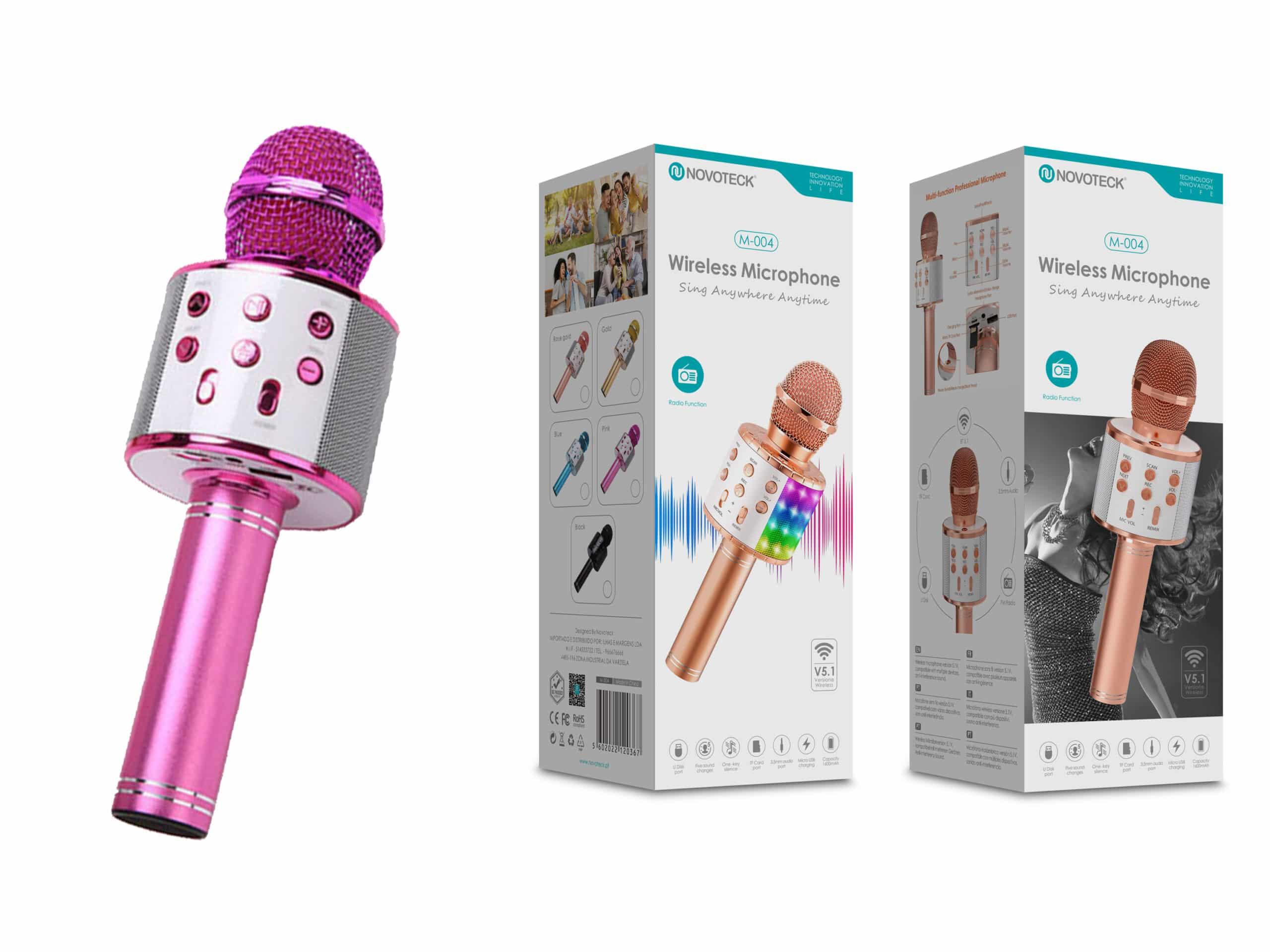 Microfone Bluetooth Sem Fios Rosa M - 004 com Alto - Falante Integrado e Luz LED – Karaokê Portátil