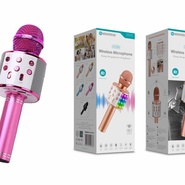 Microfone Bluetooth Sem Fios Rosa M - 004 com Alto - Falante Integrado e Luz LED – Karaokê Portátil