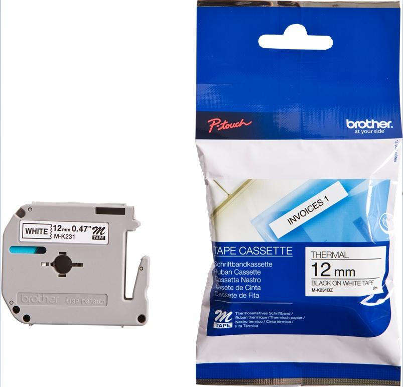 Fita Não Laminada Preto Sobre Branco (8 mts/1,2cm) - BROTHER
