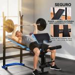 Banco de Musculação Multifuncional com Suporte para Barras e Encosto Ajustável 155x56,5x120 cm Preto e Azul