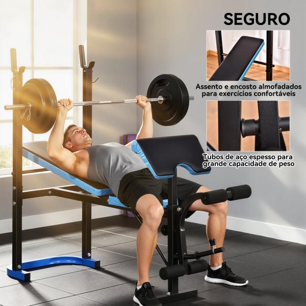 Banco de Musculação Multifuncional com Suporte para Barras e Encosto Ajustável 155x56,5x120 cm Preto e Azul