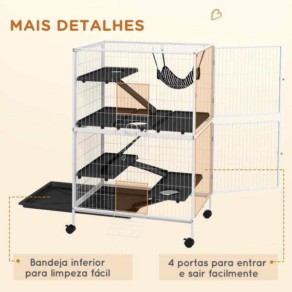Gaiola para Roedores 80x52x128 cm Casa de 4 Alturas com Rampas Suspensa Rede Bandeja Removível Rodas Branco Rajado e Preto