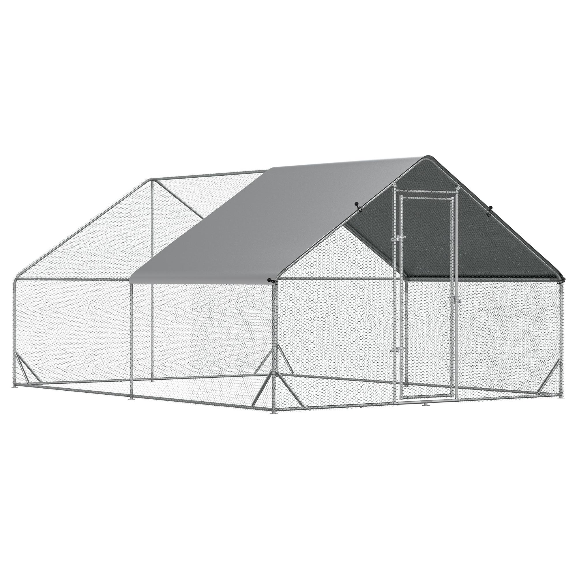 Galinheiro de Exterior Grande 3x4x2m Gaiola para 8 - 12 Galinhas de Aço Galvanizado com Teto de PE e Fechadura para Coelhos Prata