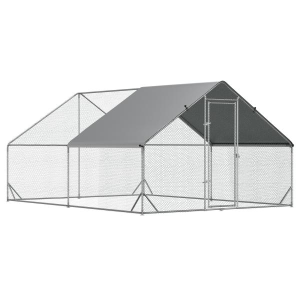 Galinheiro de Exterior Grande 3x4x2m Gaiola para 8 - 12 Galinhas de Aço Galvanizado com Teto de PE e Fechadura para Coelhos Prata