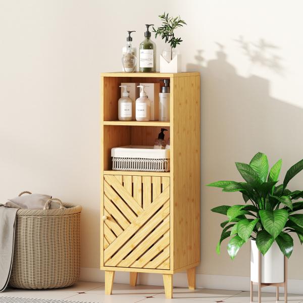 Armário de Casa de Banho Estreito Móvel Auxiliar de Casa de Banho 32x30x90 cm com 2 Prateleiras Abertas e Pés de Bambu Madeira