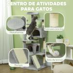 Arranhador para Gatos com Postes de Sisal Plataformas Cavernas Bolas Pendentes e Redes 49x49x138 cm Cinza Claro