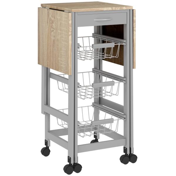 Carrinho Auxiliar Dobrável Carrinho de Cozinha com 6 Rodas 1 Gaveta e 3 Cestos de Metal 97,2x37x77,5 cm Cinza e Carvalho