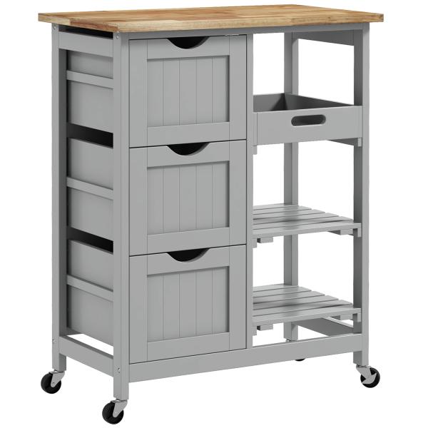 Carrinho de Cozinha com Rodas Carrinho de Serviço com 3 Gavetas 2 Prateleiras Abertas e Bandeja 67x37x85,5 cm Cinzento