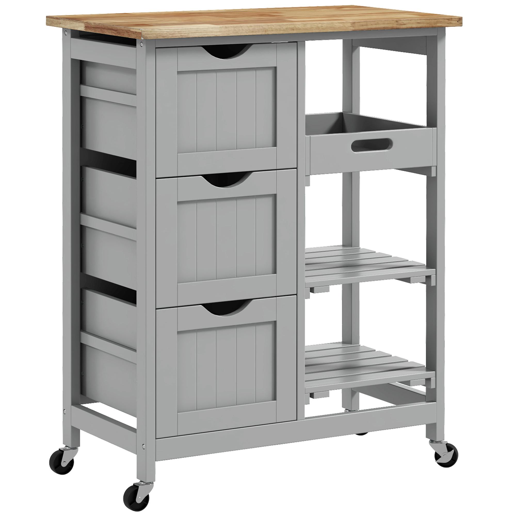 Carrinho de Cozinha com Rodas Carrinho de Serviço com 3 Gavetas 2 Prateleiras Abertas e Bandeja 67x37x85,5 cm Cinzento