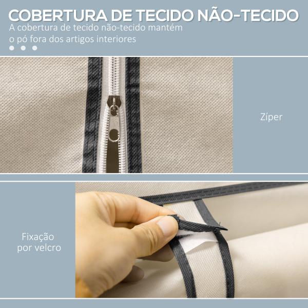 Roupeiro de Tecido Dobrável com 8 Prateleiras de Armazenamento e 2 Barras de Pendurar 125x43x162,5cm Creme