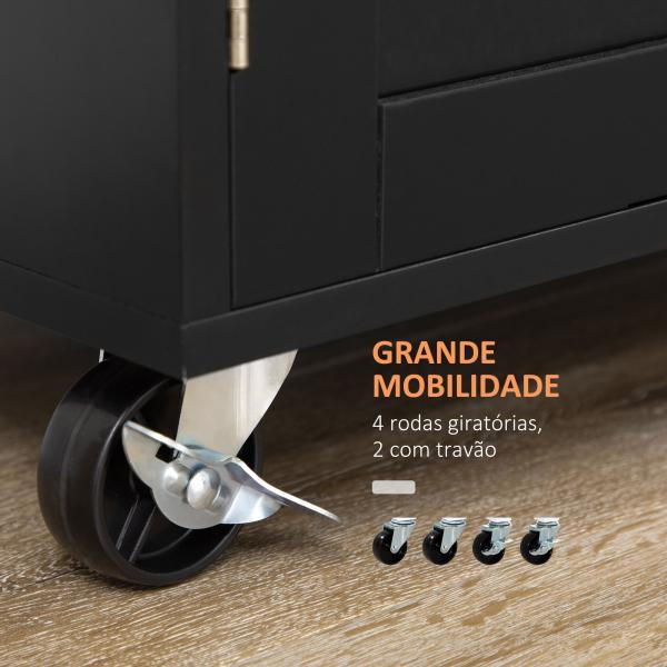 Ilha de Cozinha com Armário Portas e Prateleira Interior Ajustável Gaveta Barra e Suporte para Temperos Móvel Aparador Auxiliar com Rodas para Sala de Jantar 109x40x89cm Preto
