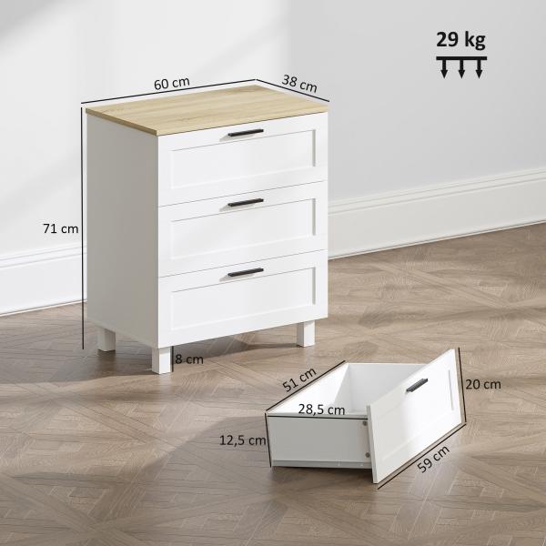 Cómoda Estreita com 3 Gavetas Cómoda de Quarto com Pés de Madeira Estilo Moderno 60x38x71 cm Branco