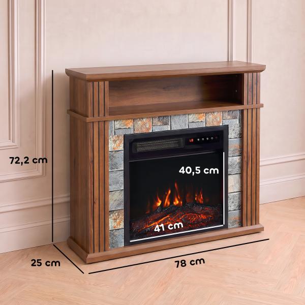 Lareira Elétrica Decorativa 1800W com Prateleira, Efeito Chama, 5 Níveis de Brilho, Termóstato, Temporizador e Comando, Castanha