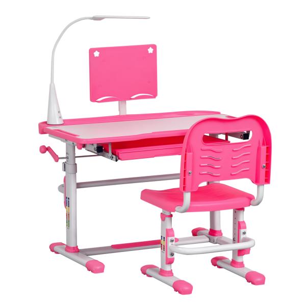 Conjunto de Secretária e Cadeira para Crianças com Altura Ajustável Mesa Inclinável Lâmpada LED 80x49,5x80 - 105cm e 36x34x60 - 73cm Rosa