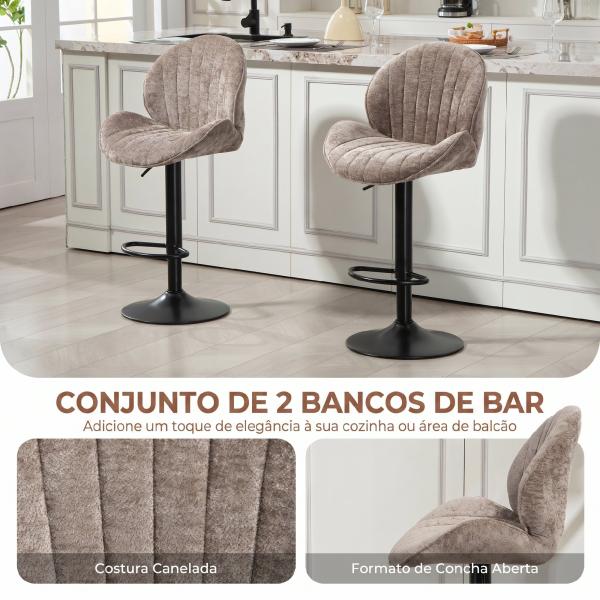 Conjunto de 2 Bancos de Bar Giratórios em Chenille com Altura Ajustável 62 - 83 cm, Encosto e Apoio para os Pés, Moka
