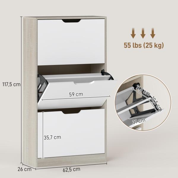 Sapateira de Madeira com 3 Compartimentos Abatíveis com Capacidade para 12 Pares 62,5x26x117,5 cm Branco e Madeira