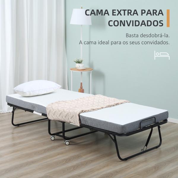 Cama Dobrável 200x75x42,5 cm Cama de Campismo Portátil com Colchão Individual Rodas e Freios Carga Máxima 150 kg para Dormitórios Branco
