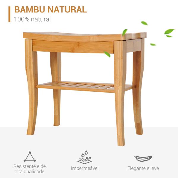 Banco para Casa de Banho de Bambu com Prateleira de Arrumação Antiderrapante Impermeável e Resistente 47,5x26x44,5 cm Madeira