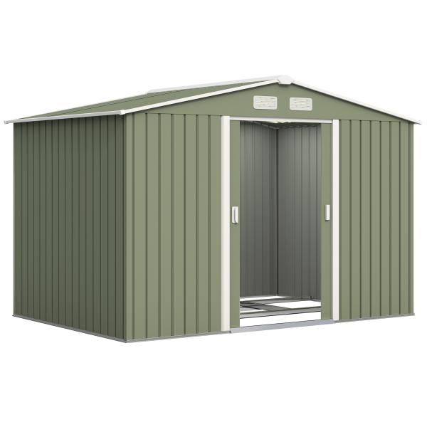 Abrigo de Jardim 4,83m² 277x195x192cm Abrigo Metálico para Armazenamento de Ferramentas com Base de Reforço Incluída Verde Claro