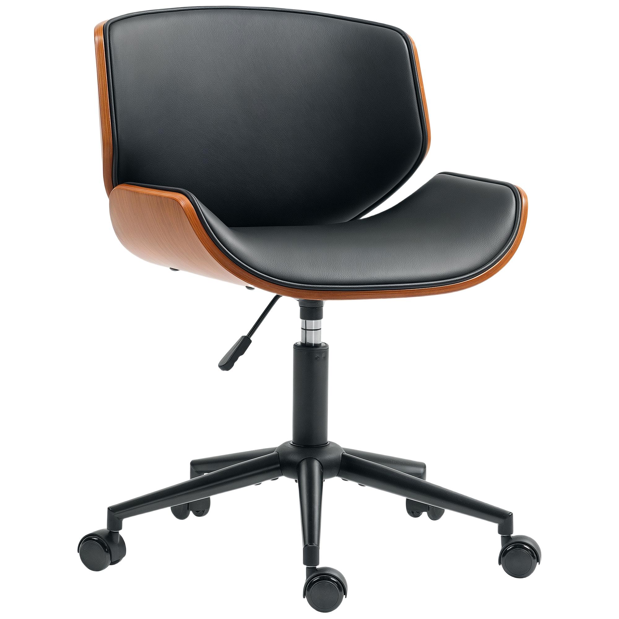 Cadeira de Escritório sem Braços Cadeira de Secretária Vintage Giratória Estofada em PU Altura Ajustável 52x54x74 - 84 cm Preto e Madeira