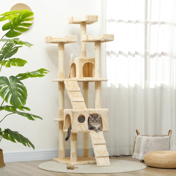 Árvore Arranhador para Gatos Grande 49x49x173 cm com Múltiplos Níveis Cavernas Brinquedos Suspensos Centro de Atividades de Sisal Bege