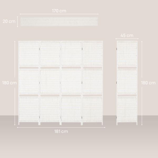 Biombo de 4 Painéis Dobrável Separador de Ambientes Divisor de Ambientes com Prateleiras 181x180cm Branco