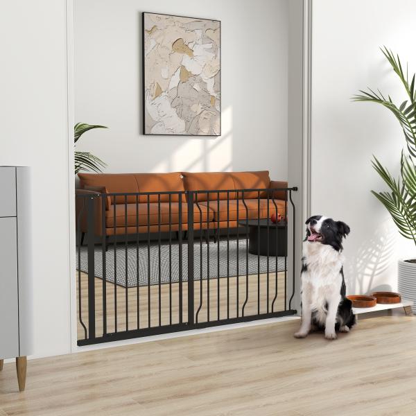 Barreira de Segurança para Cães com 3 Extensões Montagem a Pressão Duplo Bloqueio 75 - 145x76 cm Preto