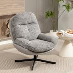 Poltrona Giratória Moderna com Base Cruzada Estofada em Chenille e Couro PU Assento Largo Duplo Pernas de Aço 78x95x99 cm Cinza