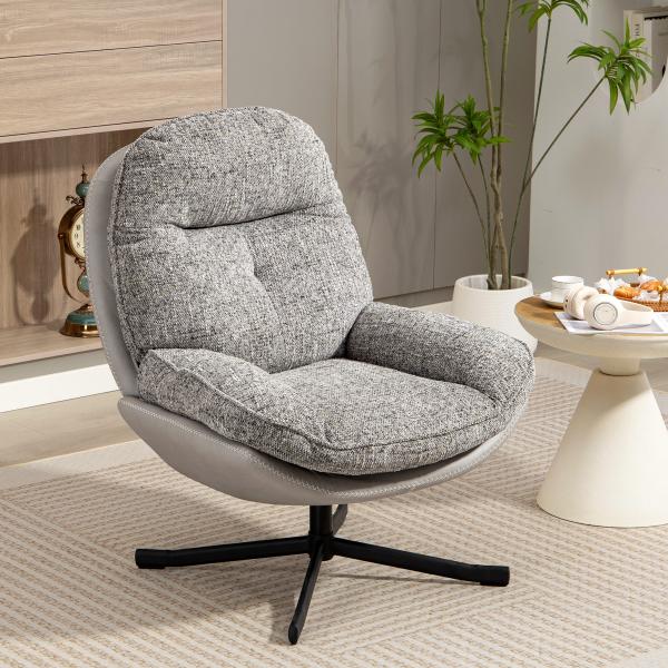 Poltrona Giratória Moderna com Base Cruzada Estofada em Chenille e Couro PU Assento Largo Duplo Pernas de Aço 78x95x99 cm Cinza