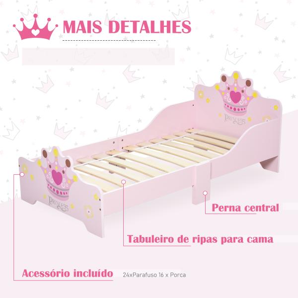 Cama Infantil +3 Anos 143x73x60 cm com Estampado Coroa Carga 50 kg para Quarto Rosa