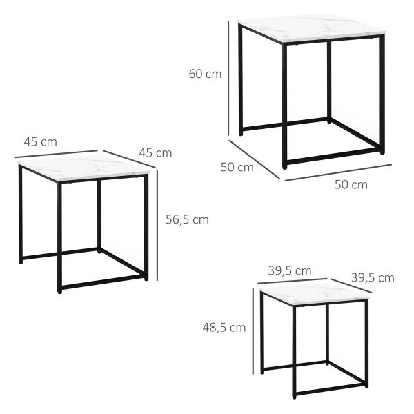 Conjunto de 3 Mesas Auxiliares para Sala de Estar com Efeito Mármore e Estrutura de Aço Estilo Moderno Branco e Preto